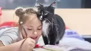 Chica dibujando y abrazando gato