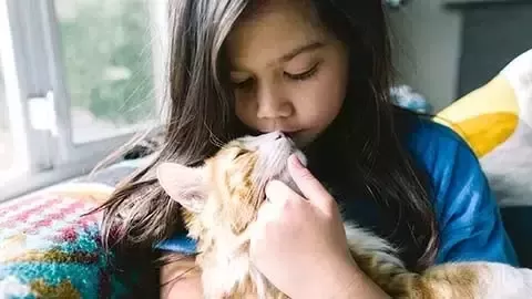 Niña abrazando a un gato