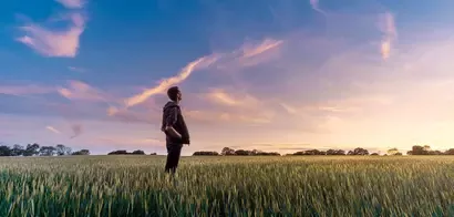 Chico en un campo mirando al horizonte